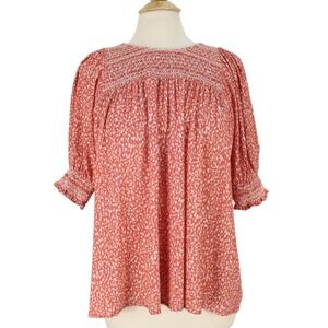 NWOT DOLAN Rebecca Blouse‎ Size M Smocked Orange Polka Dots Short Puff sleeve